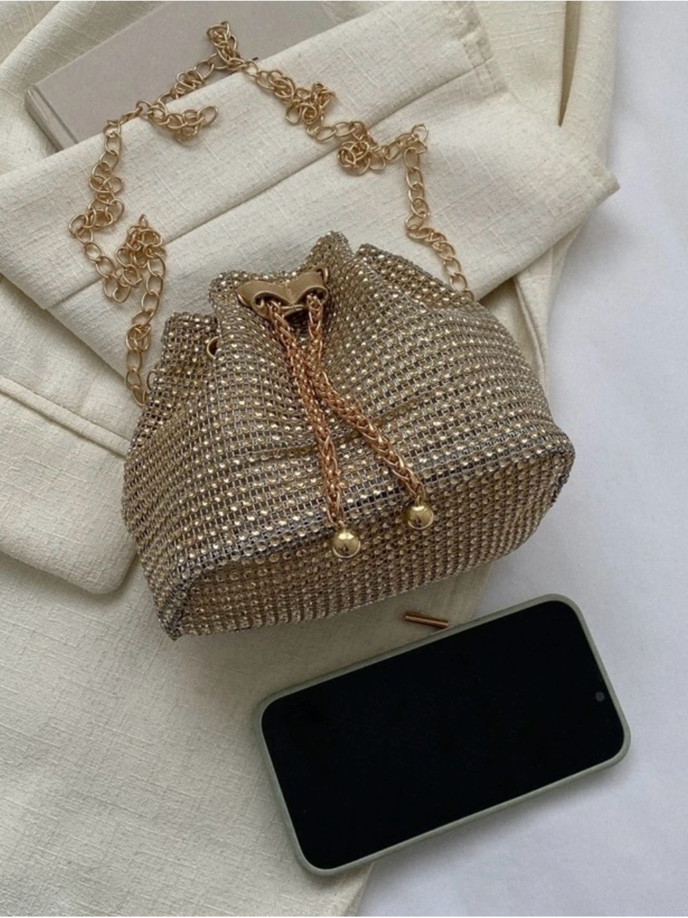 Gold Crystal Mesh Drawstring Bucket Bag - Unbranded